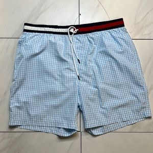 Blue plaid swim trunks